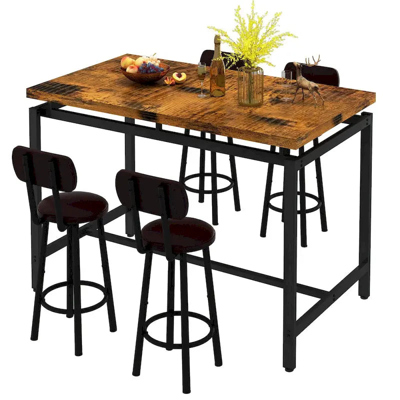 Table à manger hauteur comptoir style industriel rustique avec 4 chaises de bar rembourrées